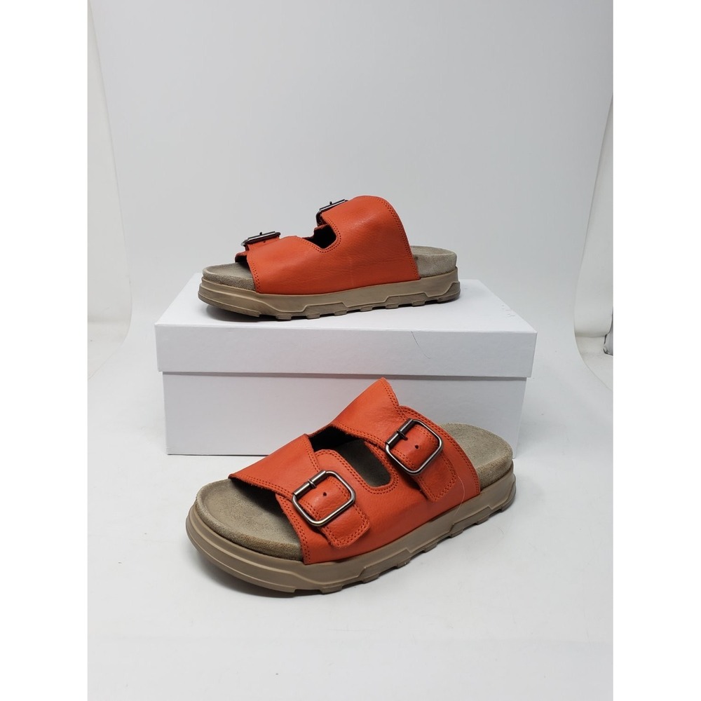 Lofina Womens Orange Leather Double Buckle Slide Sandals 1E240 Size 38 US 7.5